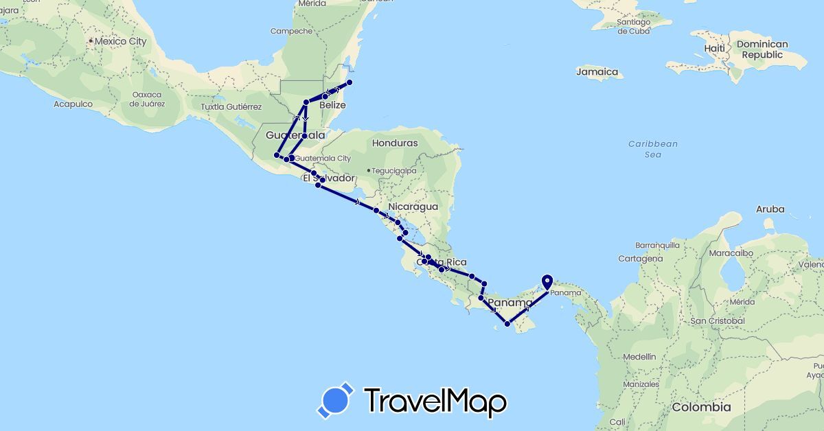 TravelMap itinerary: driving in Belize, Costa Rica, Guatemala, Nicaragua, Panama, El Salvador (North America)